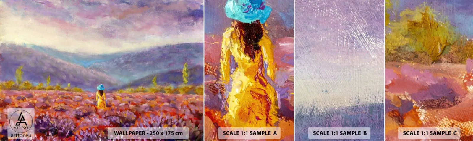 Prøve Fototapet Selvklæbende Deluxe Sticker - I en verden af lavendel - Landskab, Kvinde, Lavendelmark - 100x30 cm