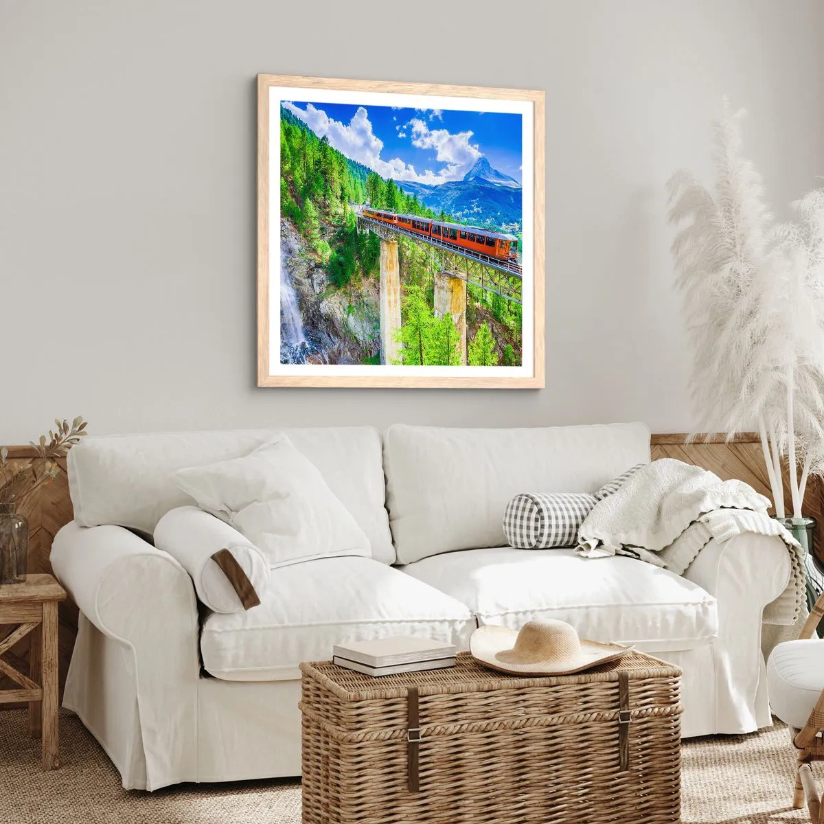 Plakat i ramme af lyst egetræ - Jernbane til Alperne - 50x50 cm