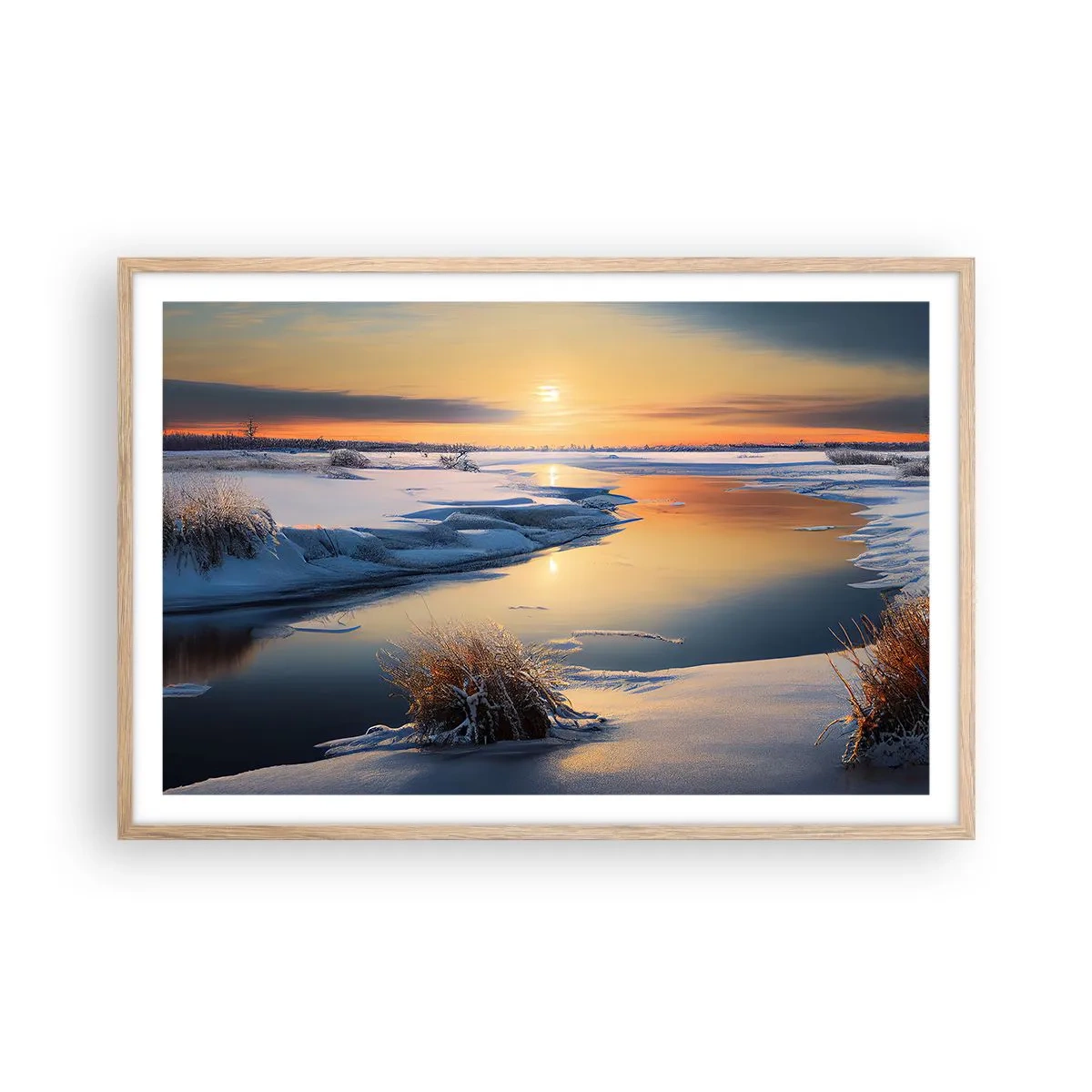 Plakat i ramme af lyst egetræ - Vintersolnedgang - 91x61 cm