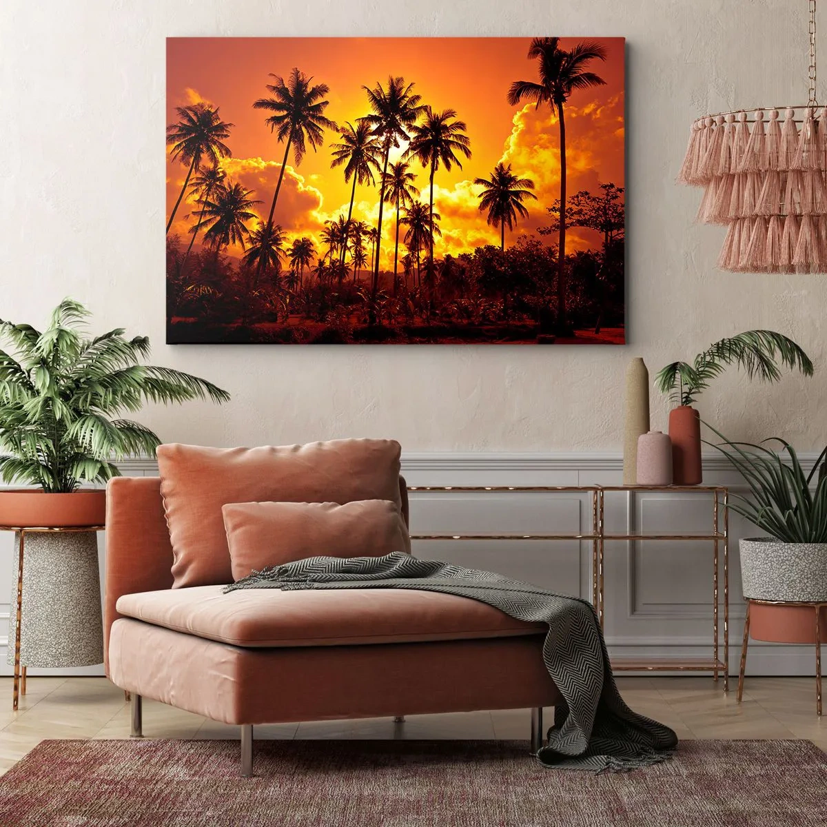 Lærredstryk - Billede på lærred - Palmer mod en gylden himmel under en tropisk solnedgang - 70x50cm - Bjerge brænder, skove brænder - Moderne vægdekoration til stue og soveværelse ARTTOR
