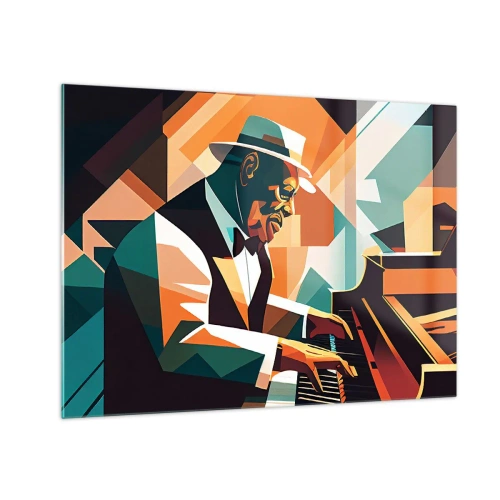 Billede på glas - Et farverigt portræt af en jazz-inspireret pianist - 70x50cm - Alt det jazz - Moderne vægdekoration til stue og soveværelse ARTTOR