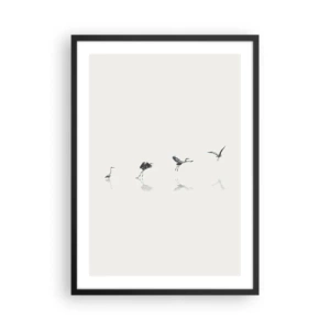 Plakat i sort ramme - En minimalistisk komposition af fugle ved vandet - 50x70cm - Fire enkle trin - Moderne vægdekoration til stue og soveværelse ARTTOR