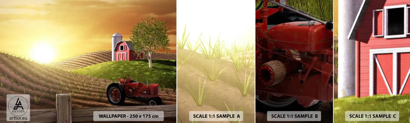 Prøve Fototapet Selvklæbende Deluxe Sticker - En gård som et eventyr - Gård, Landskab, Traktor - 100x30 cm