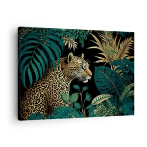 Lærredstryk - Billede på lærred - Leopard i tropiske blade på en sort baggrund - 70x50cm - Værten i junglen - Moderne vægdekoration til stue og soveværelse ARTTOR