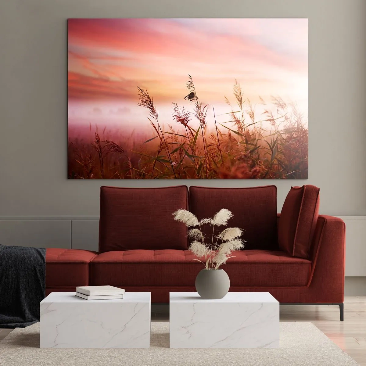 Billede på glas - En eng i morgentågen med en pastelfarvet himmel - 70x50cm - Drager, blæsere, vind - Moderne vægdekoration til stue og soveværelse ARTTOR