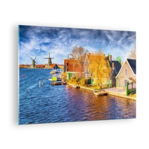 Billede på glas - Maleriske hollandske huse ved vandet med vindmøller - 70x50cm - Uændret i århundreder - Moderne vægdekoration til stue og soveværelse ARTTOR