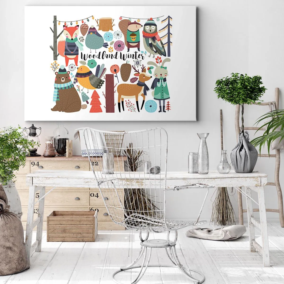 Lærredstryk - Billede på lærred - Vinterskovens dyr i farverig grafik - 70x50cm - En eventyrlig jul i skoven - Moderne vægdekoration til stue og soveværelse ARTTOR