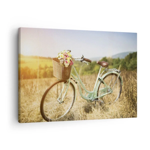 Lærredstryk - Billede på lærred - En retro cykel med en kurv fuld af blomster mod en engbaggrund. - 70x50cm - Jeg bliver her et stykke tid - Moderne vægdekoration til stue og soveværelse ARTTOR