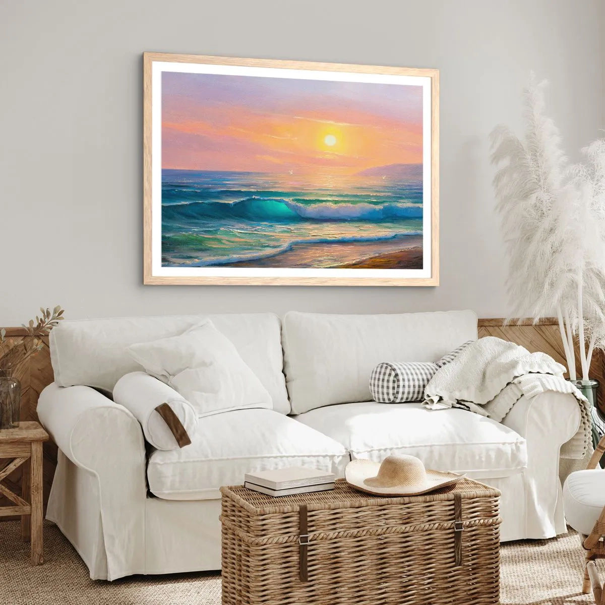 Plakat i ramme af lyst egetræ - Bølgernes turkisfarvede sang - 70x50 cm