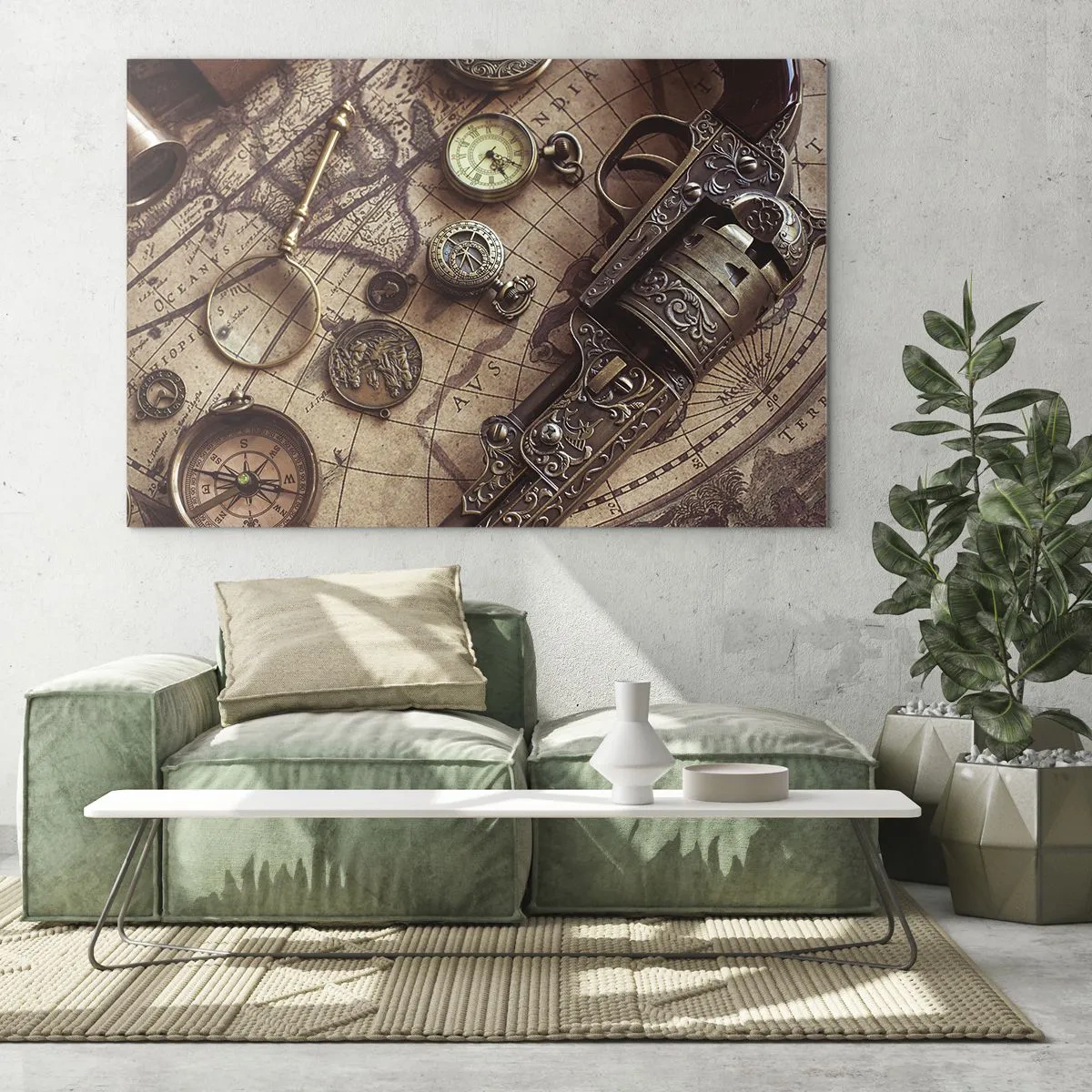 Billede på glas - Gamle genstande og et kort - 70x50cm - Opkald til eventyr - Moderne vægdekoration til stue og soveværelse ARTTOR