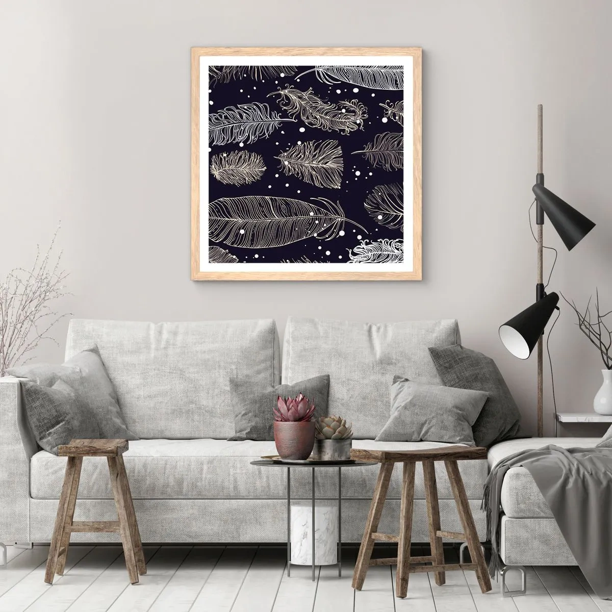 Plakat i ramme af lyst egetræ - Fjerede blonder - 50x50 cm