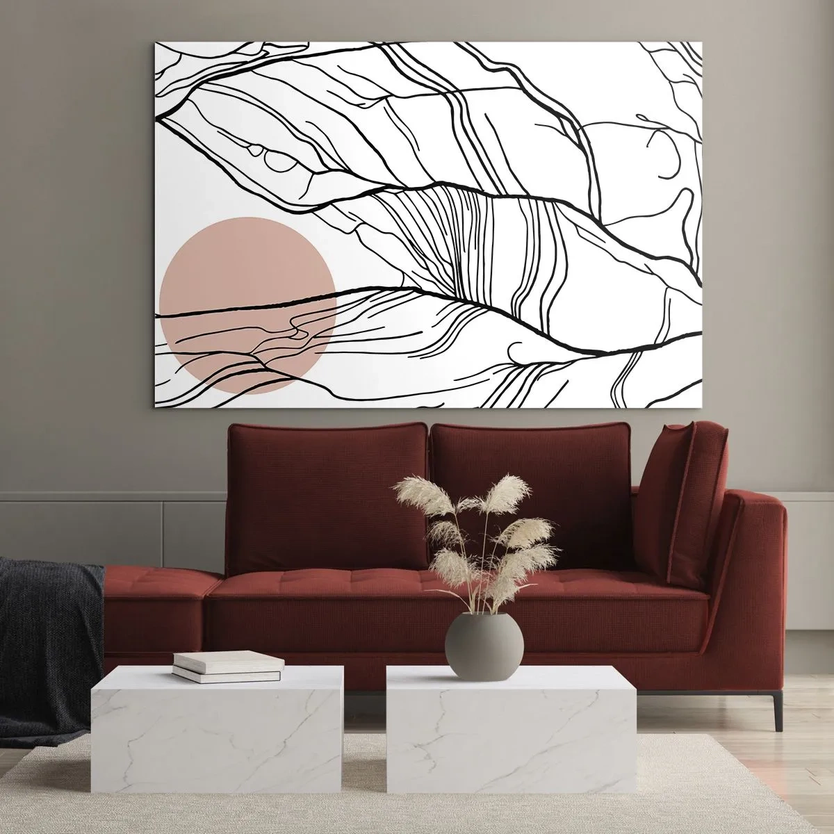 Billede på glas - Skyggefulde grenrækker med en beige sol - 70x50cm - I et netværk af kviste - Moderne vægdekoration til stue og soveværelse ARTTOR