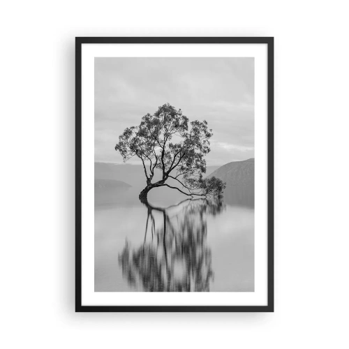Plakat i sort ramme - Et ensomt træ spejlet i det rolige vand - 50x70cm - Der findes et land - Moderne vægdekoration til stue og soveværelse ARTTOR