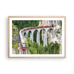 Plakat i ramme af lyst egetræ - Udsigt over bjergene til gengæld - 70x50 cm