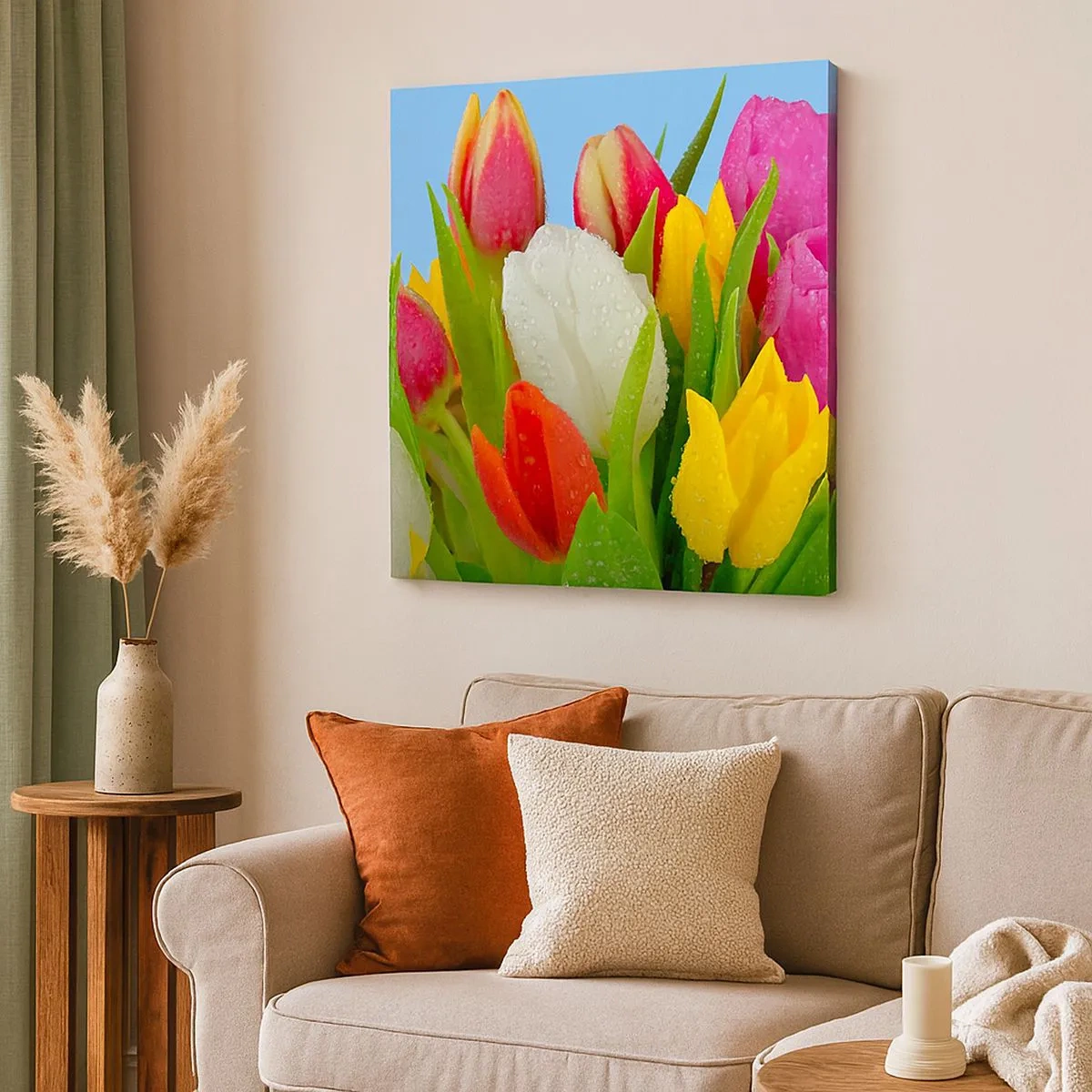 Lærredstryk - Billede på lærred - En blomstret regnbue i dugdråber - 30x30 cm