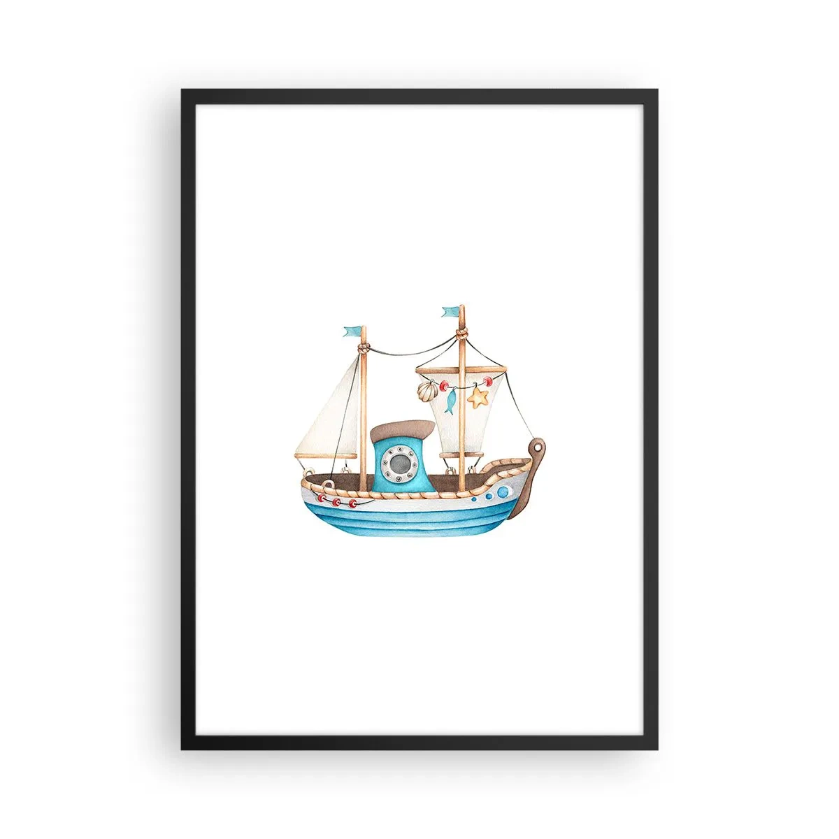 Plakat i sort ramme - Akvarelskib i pastelblå og beige nuancer - 50x70cm - Ohøj, eventyr! - Moderne vægdekoration til stue og soveværelse ARTTOR