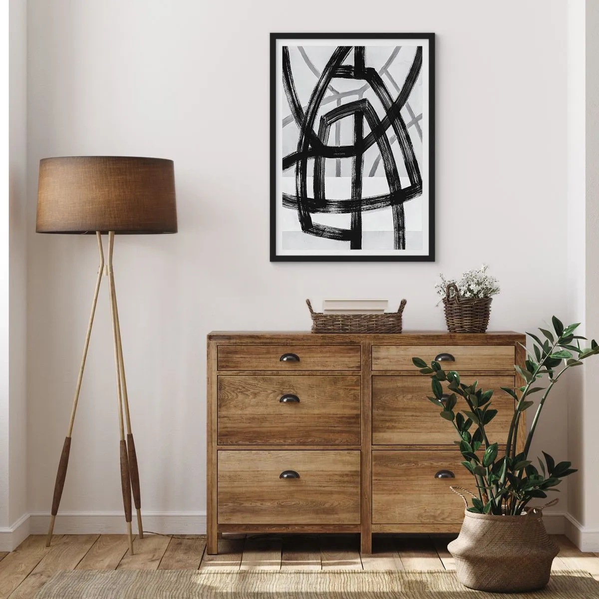 Plakat i sort ramme - Geometriske sorte linjer på en lys baggrund i en abstrakt komposition - 50x70cm - Opbygning af dybde - Moderne vægdekoration til stue og soveværelse ARTTOR