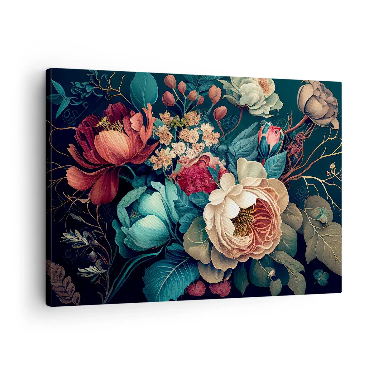 Lærredstryk - Billede på lærred - En farverig blomsterkomposition på en mørk baggrund - 70x50cm - Charme fra det 19. århundrede - Moderne vægdekoration til stue og soveværelse ARTTOR