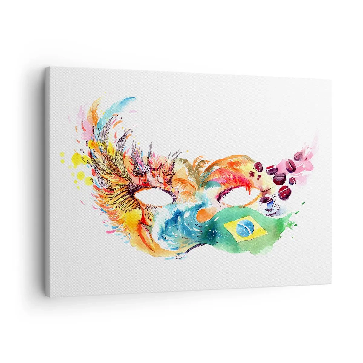 Lærredstryk - Billede på lærred - Farverig akvarelmaske inspireret af Brasilien - 70x50cm - Brasilien byder velkommen med samba - Moderne vægdekoration til stue og soveværelse ARTTOR