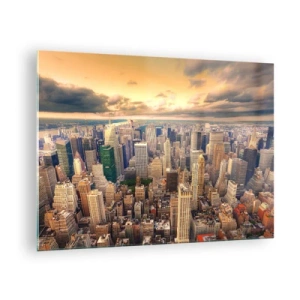 Billede på glas - Bypanorama med skyskrabere ved solnedgang - 70x50cm - En forgyldt metropol - Moderne vægdekoration til stue og soveværelse ARTTOR