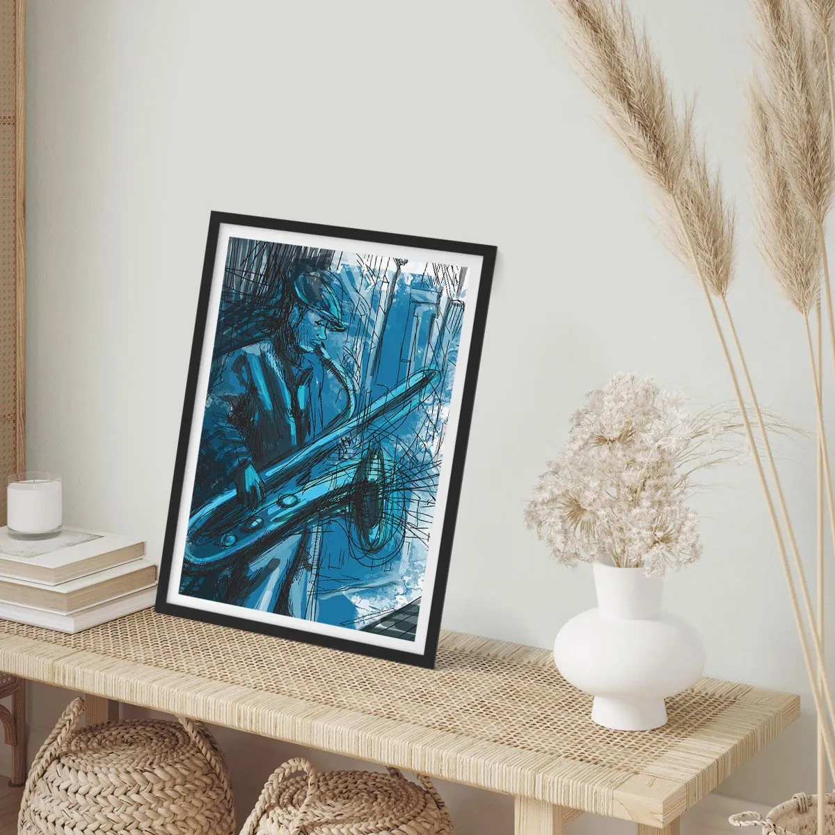 Plakat i sort ramme - Kunstnerisk skitse af en musiker, der spiller saxofon - 50x70cm - Byens rapsodi - Moderne vægdekoration til stue og soveværelse ARTTOR