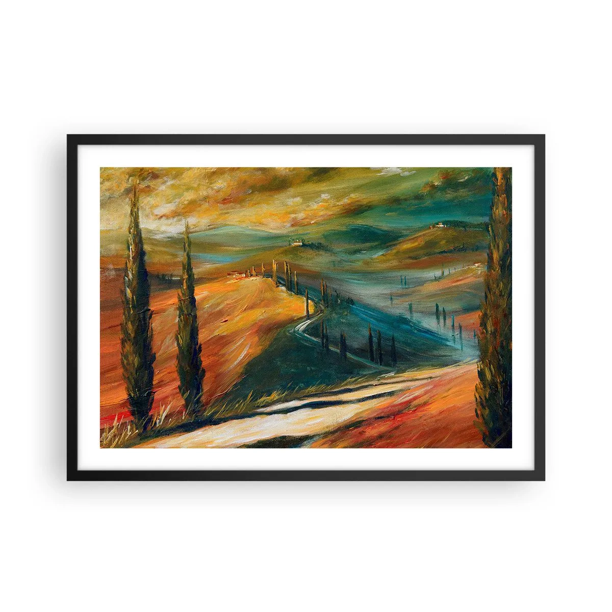 Plakat i sort ramme - Toscansk landskab - 70x50 cm
