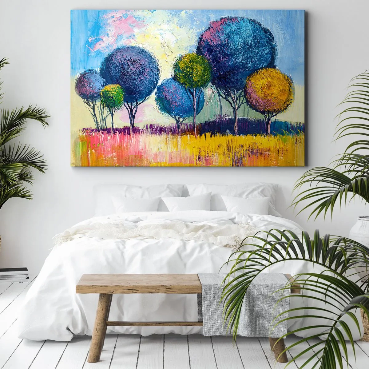 Lærredstryk - Billede på lærred - Farverige kugleformede træer mod en landskabs baggrund - 70x50cm - Kugle - idealets form - Moderne vægdekoration til stue og soveværelse ARTTOR