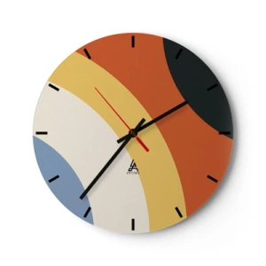 Vægur, Uret - Geometriske buer i nuancer af orange, beige og blå - 30x30cm - Over for hinanden - Moderne vægdekoration til stue, køkken og soveværelse ARTTOR