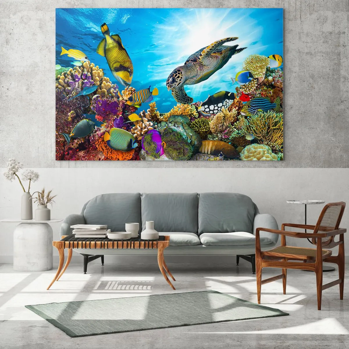 Billede på glas - Undervandsscene med skildpadde, fisk og koraller - 70x50cm - Koralpromenade - Moderne vægdekoration til stue og soveværelse ARTTOR