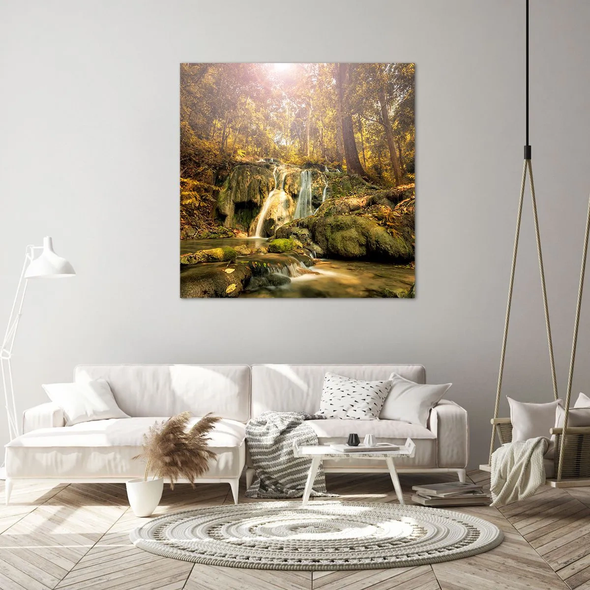 Lærredstryk - Billede på lærred - Skovkaskade i grønt - 40x40 cm