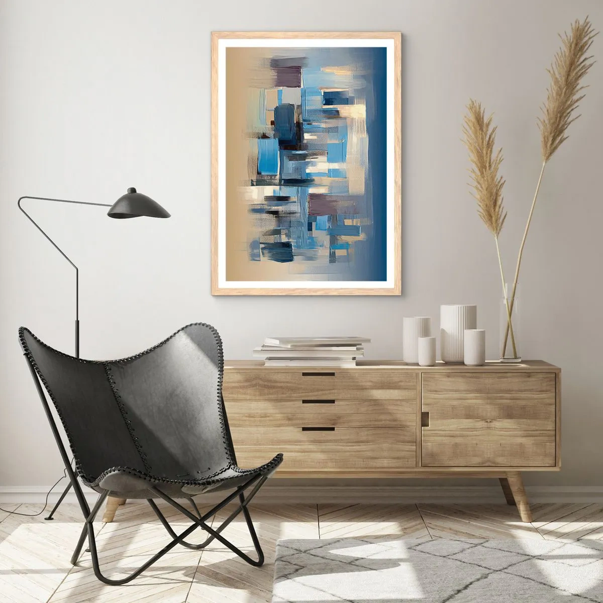 Plakat i ramme af lyst egetræ - Blå konstruktion - 70x100 cm