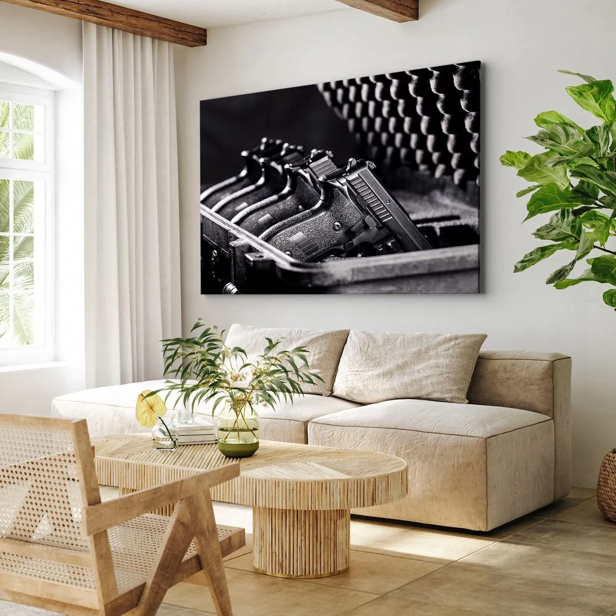 Lærredstryk - Billede på lærred - Et sort-hvidt billede af en stak våben i en kuffert. - 70x50cm - Sport for mænd - Moderne vægdekoration til stue og soveværelse ARTTOR