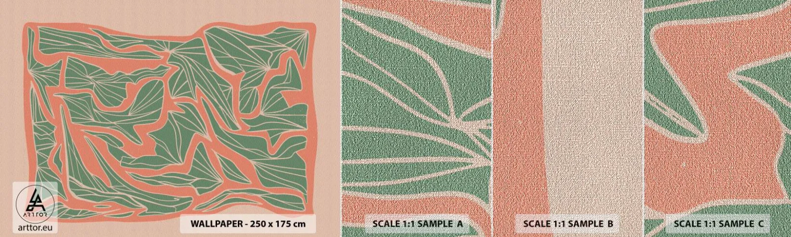 Prøve Fototapet Premium Canvas - En kamp mellem koral og grøn - Boho, Pastel, Stykke - 100x30 cm