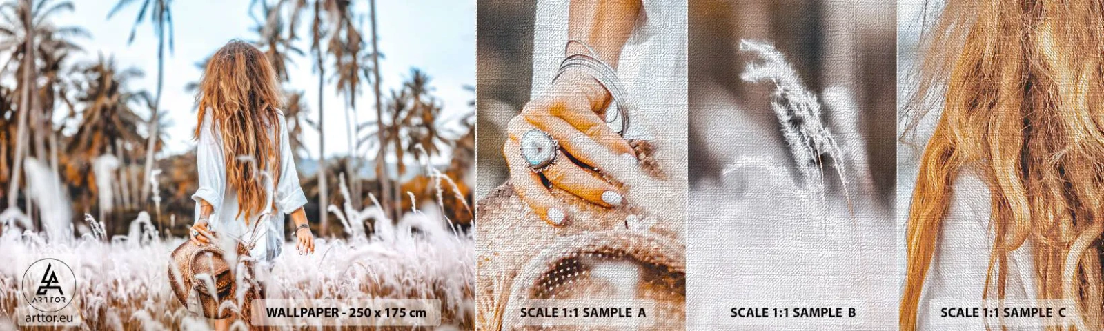 Prøve Fototapet Premium Canvas - Født af græsdun - Kvinde, Årgang, Boho - 100x30 cm