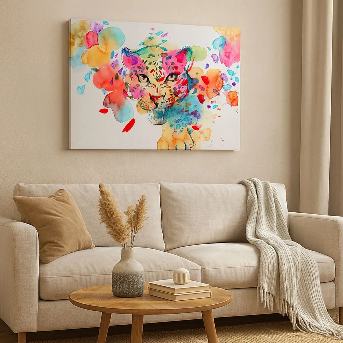 Lærredstryk - Billede på lærred - Abstrakt portræt af en leopard i intense farver - 70x50cm - Skønheden og udyret - Moderne vægdekoration til stue og soveværelse ARTTOR