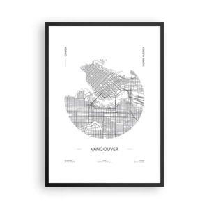 Plakat i sort ramme - Et minimalistisk sort-hvidt kort over Vancouver - 50x70cm - Anatomi af Vacouver - Moderne vægdekoration til stue og soveværelse ARTTOR