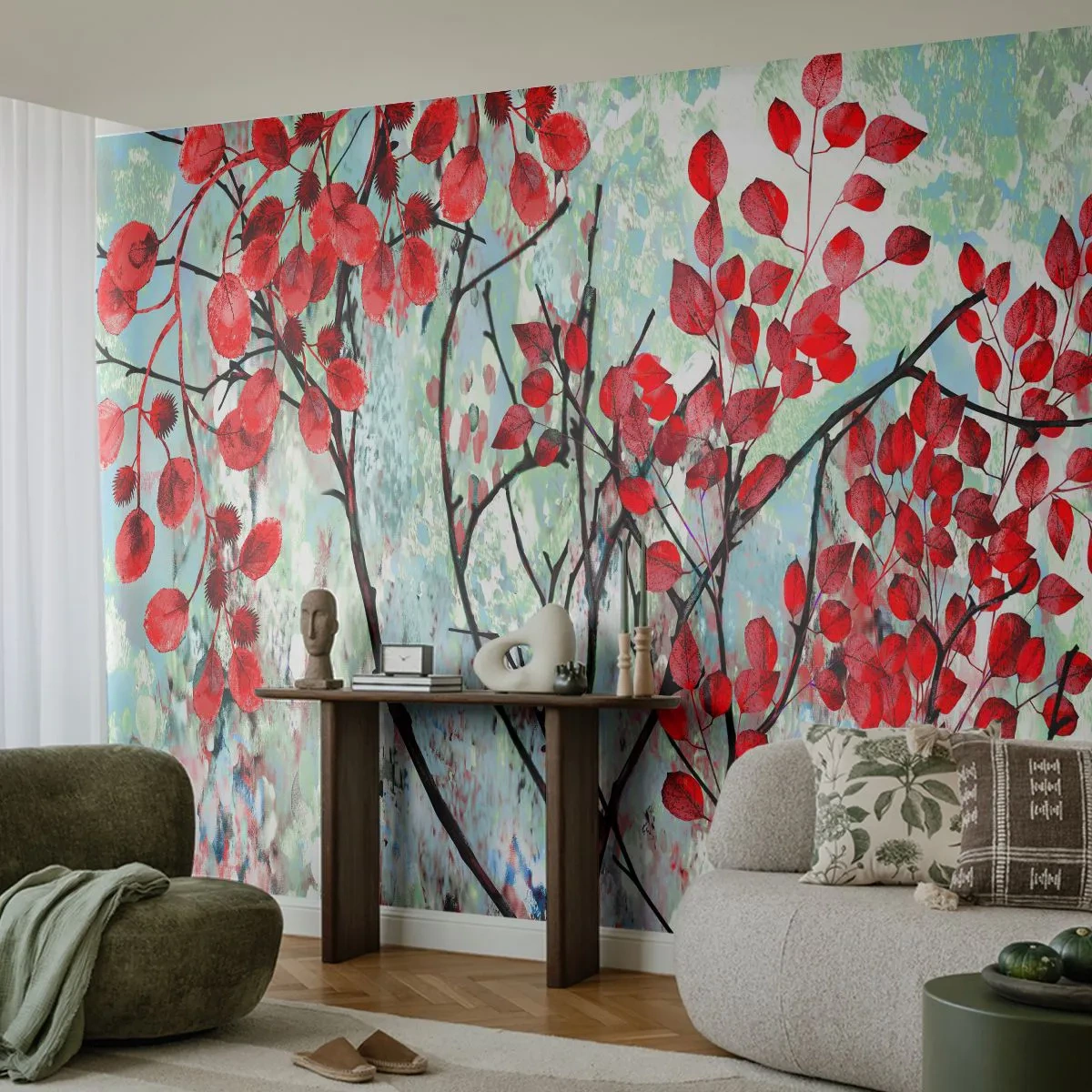 Fototapet Premium Canvas - Træ i skarlagenrødt - Abstraktion, Røde Blade, Afdeling - 250x175 cm