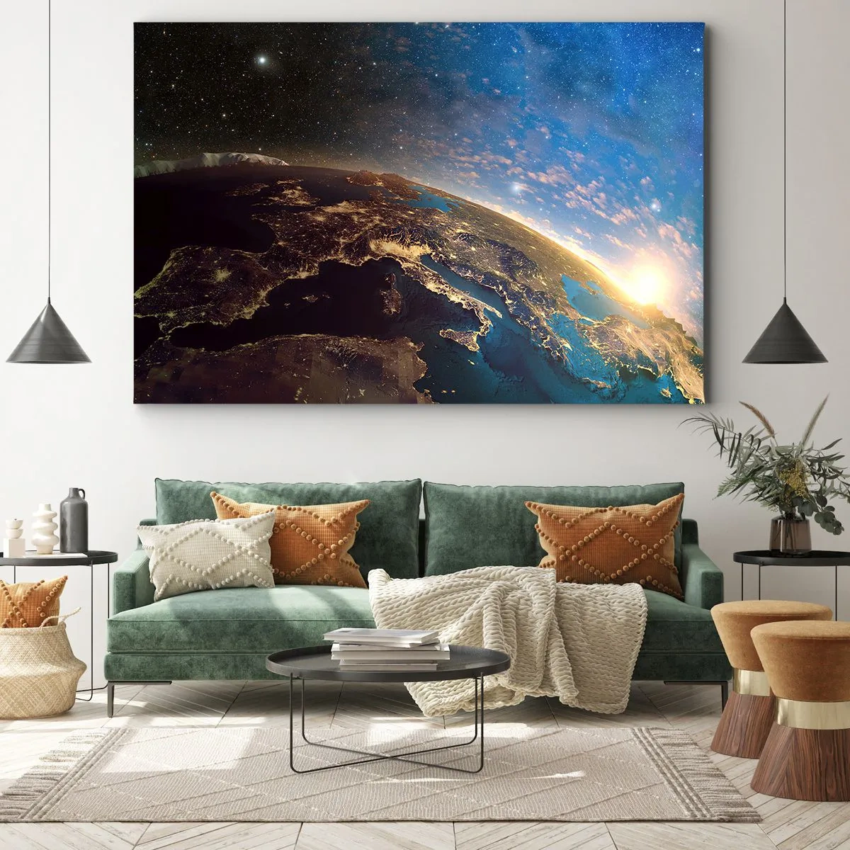Lærredstryk - Billede på lærred - Udsigt over Jorden fra rummet ved solopgang - 70x50cm - Lad os se på hinanden på afstand - Moderne vægdekoration til stue og soveværelse ARTTOR
