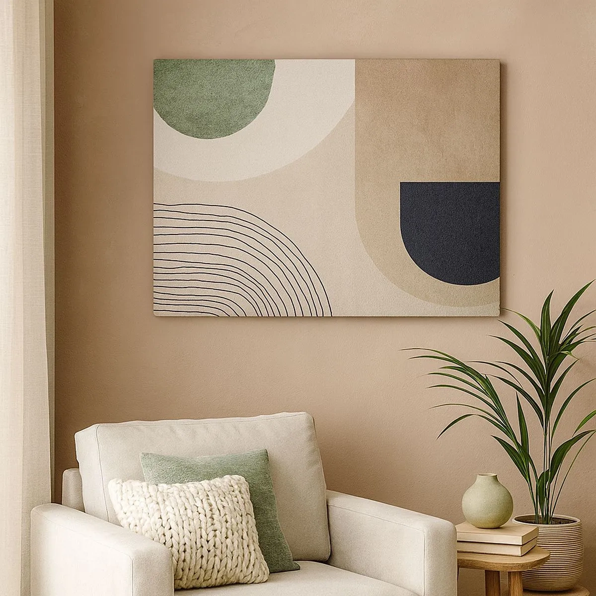 Lærredstryk - Billede på lærred - Geometriske former i beige og grønne nuancer - 70x50cm - Blidheden i en oval - Moderne vægdekoration til stue og soveværelse ARTTOR
