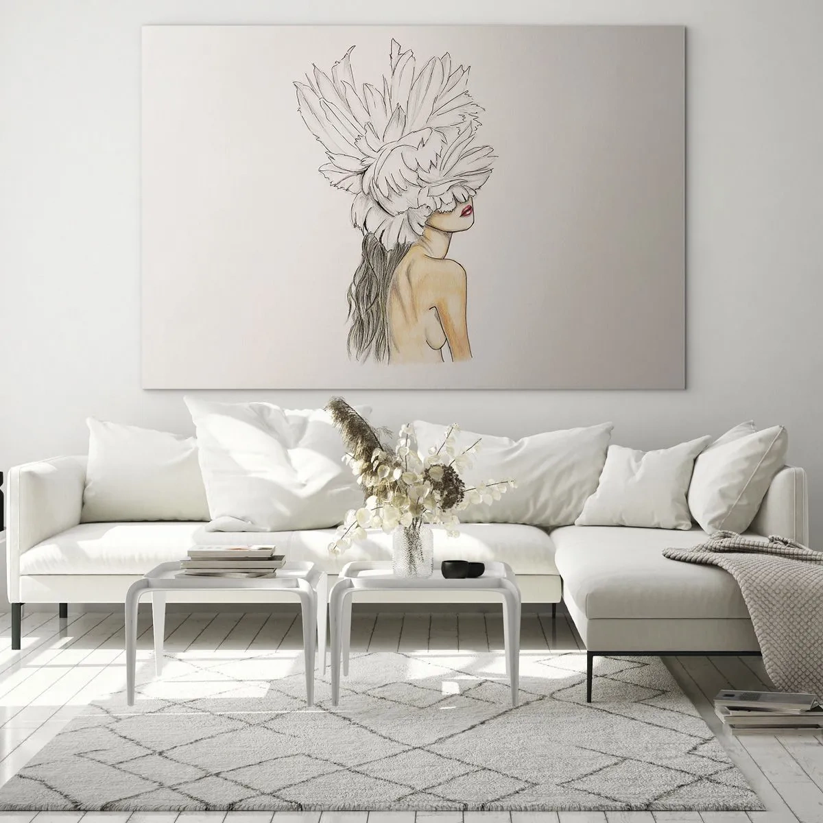 Billede på glas - En tegning af en kvinde med langt hår og en krone af store fjer - 70x50cm - Skønhed kronet - Moderne vægdekoration til stue og soveværelse ARTTOR
