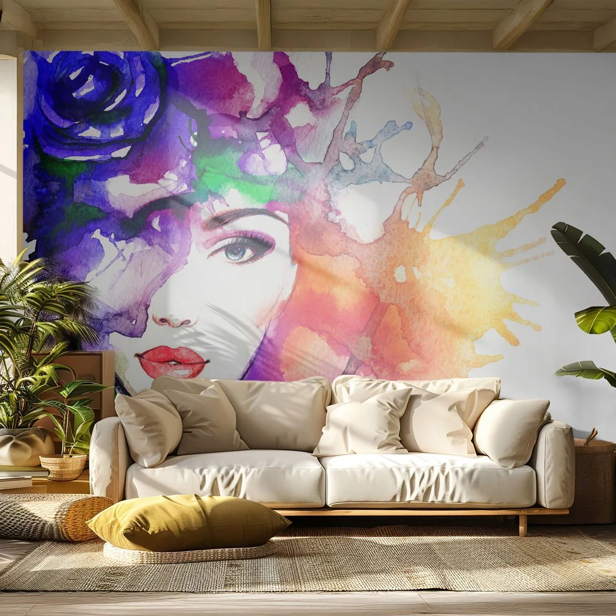 Fototapet Premium Sand - Med hovedet i skyerne - Kvinde, Kvindens ansigt, Abstraktion - 150x105 cm