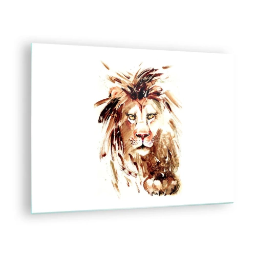 Billede på glas - Akvarelportræt af en løve på en hvid baggrund - 70x50cm - Styrke og værdighed - Moderne vægdekoration til stue og soveværelse ARTTOR