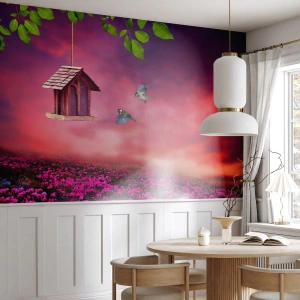 Fototapet Selvklæbende Deluxe Sticker - Invitation til middag - Landskab, Blomster, Fuglehus - 100x70 cm