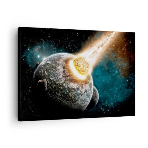 Lærredstryk - Billede på lærred - Kosmisk kollision mellem en planet og en asteroide i nærheden af galaksen. - 70x50cm - Udslettelse eller fødsel? - Moderne vægdekoration til stue og soveværelse ARTTOR