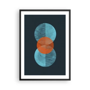Plakat i sort ramme - Symmetriske cirkler i nuancer af blå og orange med linjer - 50x70cm - Symmetrisk sammensætning - Moderne vægdekoration til stue og soveværelse ARTTOR