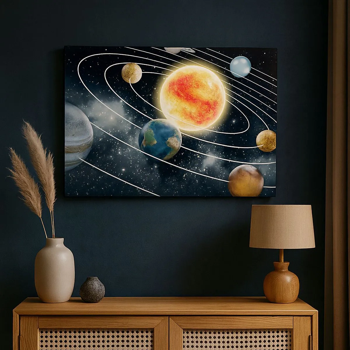 Lærredstryk - Billede på lærred - Solsystem med planeter og solen i rummet - 70x50cm - Kosmisk dans - Moderne vægdekoration til stue og soveværelse ARTTOR