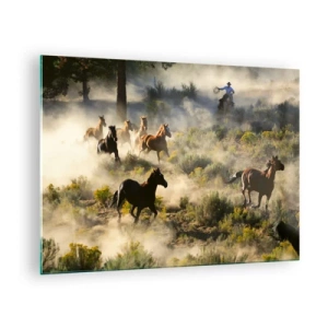 Billede på glas - En flok heste, der galopperer gennem støvet, og en cowboy mod naturens baggrund - 70x50cm - Rivalisering - frihed eller maskulin kraft? - Moderne vægdekoration til stue og soveværelse ARTTOR