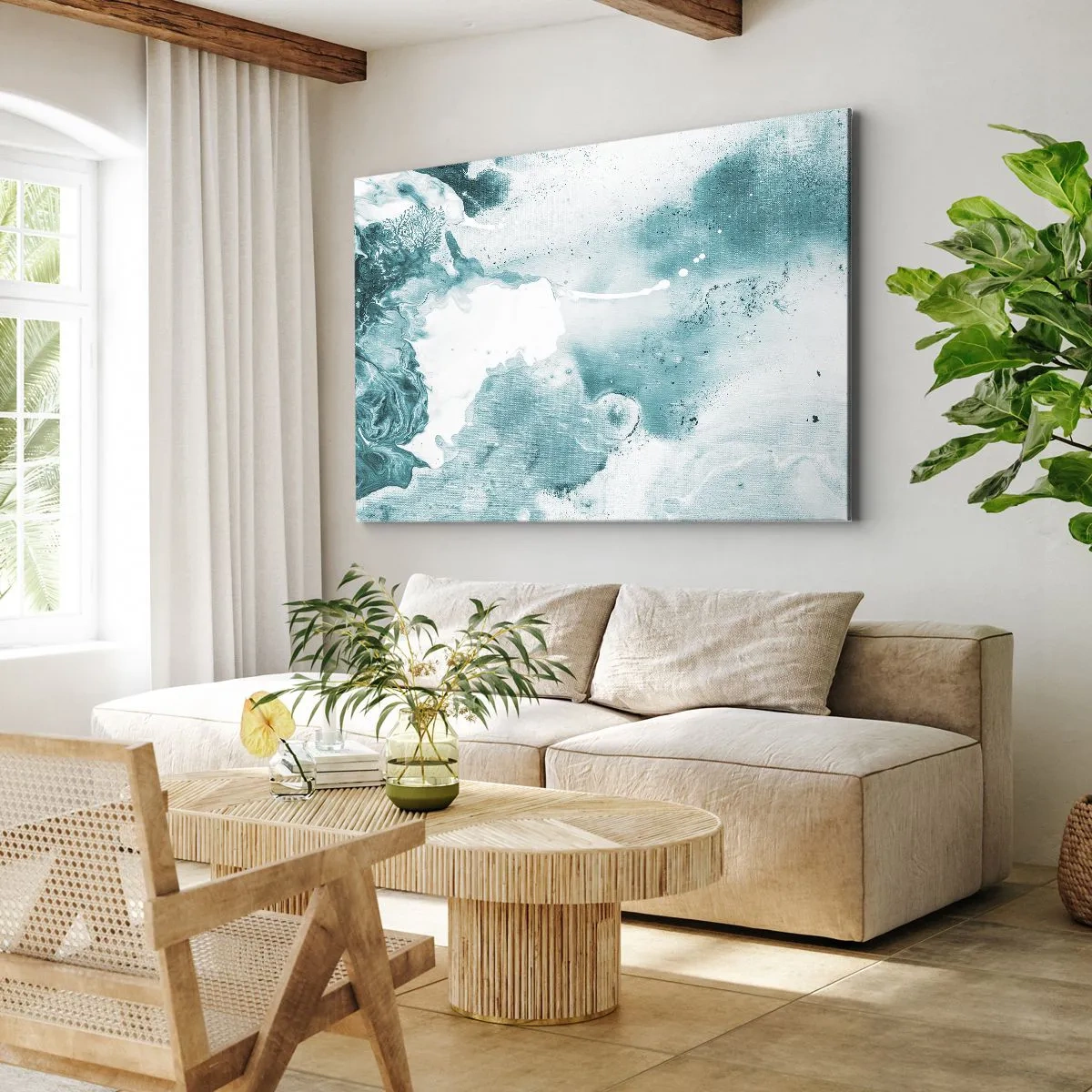 Lærredstryk - Billede på lærred - Abstraktion i blå nuancer med fine hvide accenter - 70x50cm - Blå oversvømmelsesflader - Moderne vægdekoration til stue og soveværelse ARTTOR