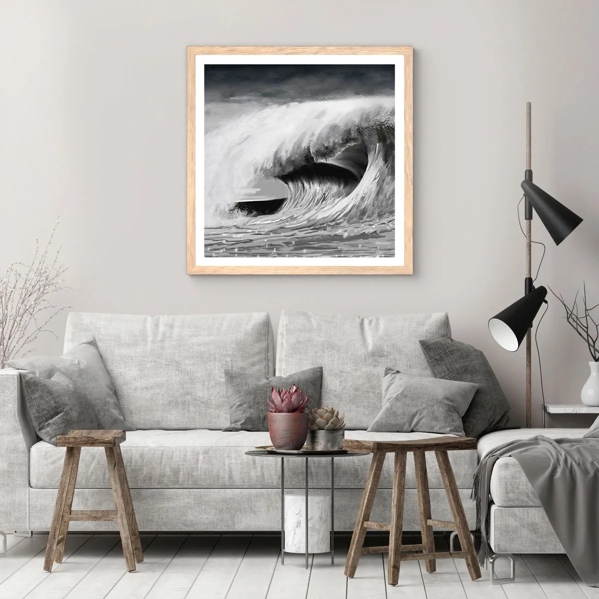 Plakat i ramme af lyst egetræ - Havets vrede - 50x50 cm