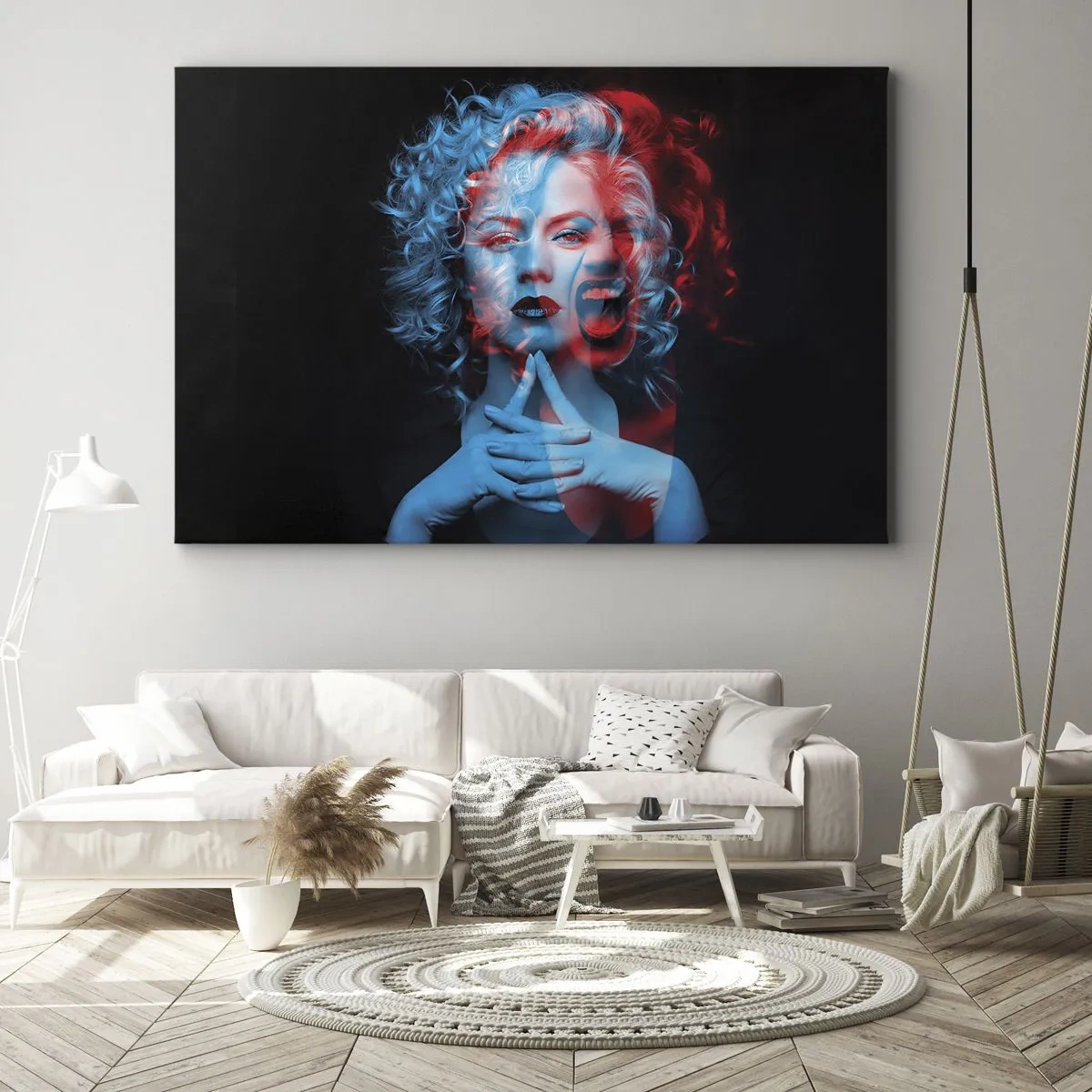 Lærredstryk - Billede på lærred - Dobbeltportræt af en kvinde i rødt og blåt - 70x50cm - Alter ego - Moderne vægdekoration til stue og soveværelse ARTTOR